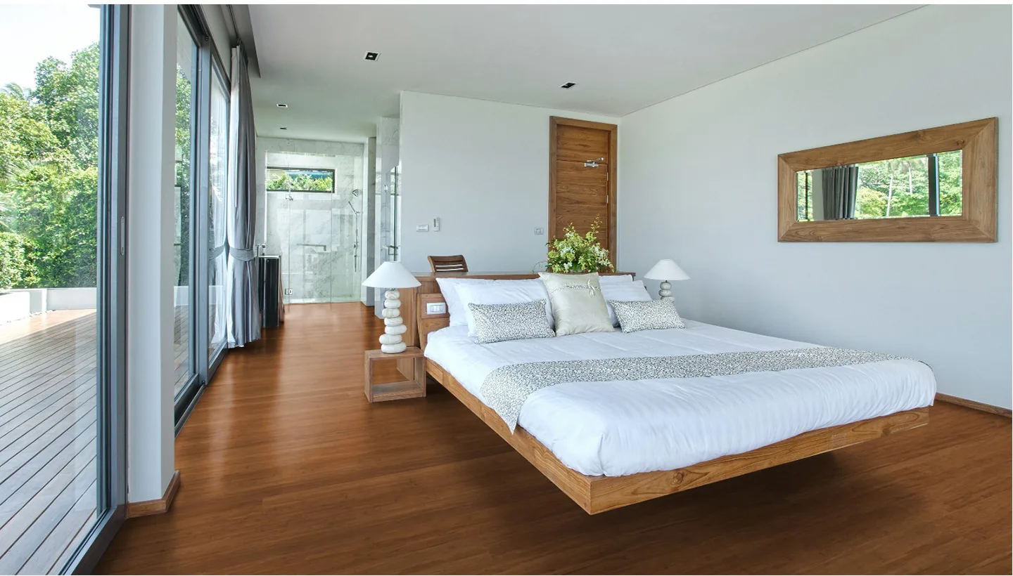 Chambre ouverte sur l'extérieur avec parquet bambou teinte foncée - visuel d'accueil du site du fabricant BambooTouch (aujourd'hui Ootouch).