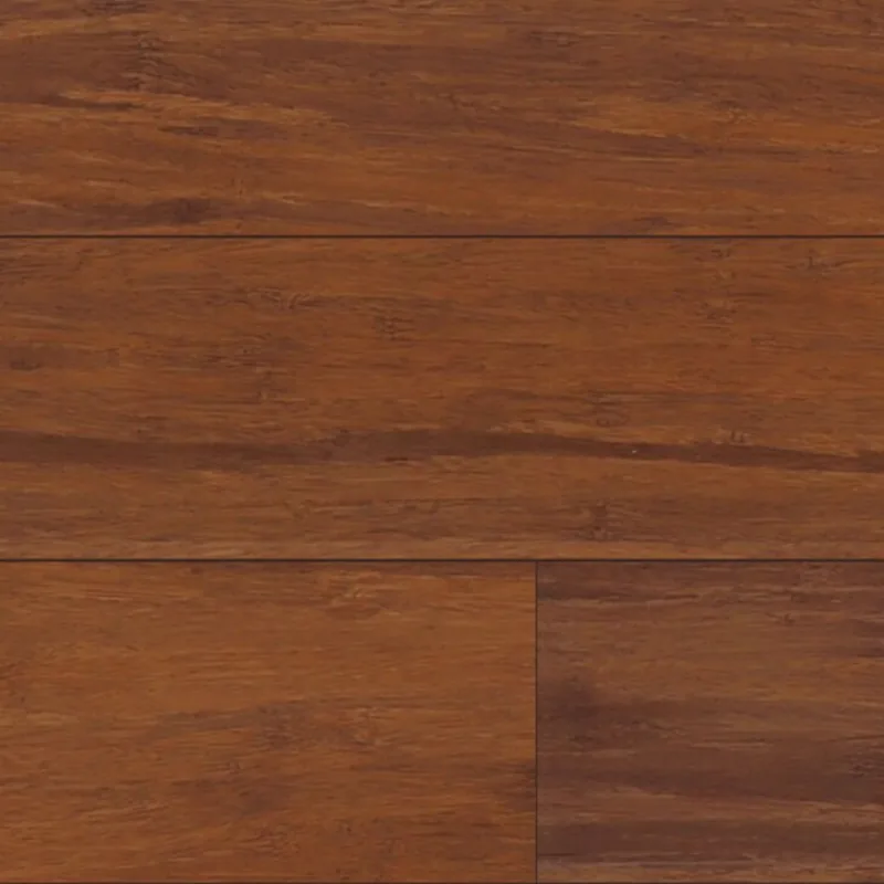 Lames de parquet bambou contrecollé BamWood Caramel verni (BambooTouch / Ootouch), cadrage serré sur trois lames assemblées - teinte caramel (bambou densifié).
