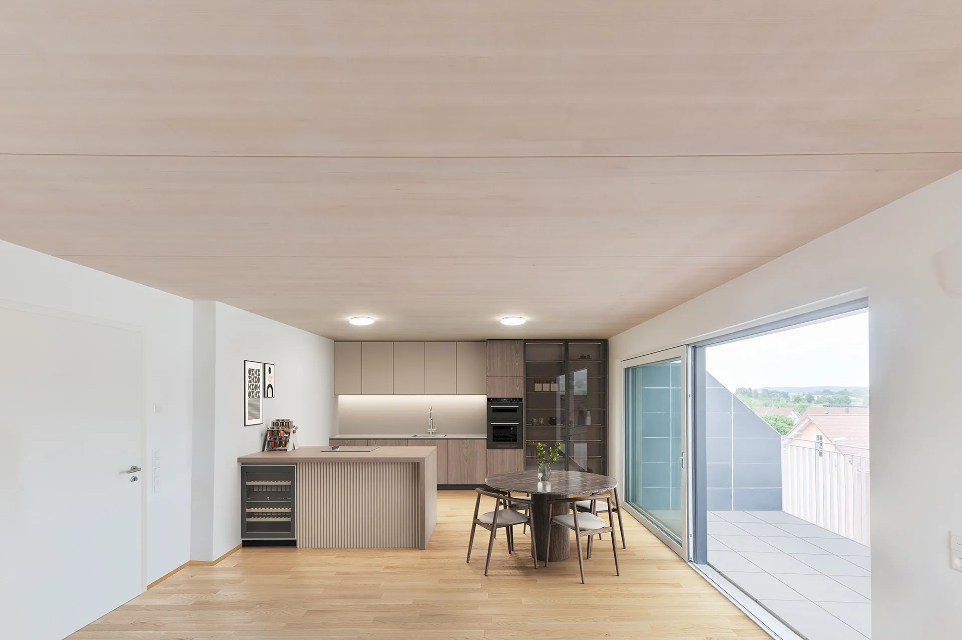 Intérieur fini (cuisine, projet Ostrach) avec plafond CLT BOX apparent en épicéa local sans nœuds, lasuré blanc — seconde option pour matiere ou pour un bandeau intérieur
