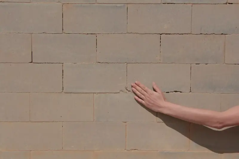 Main posée sur un mur de blocs de terre comprimée — texture, appareillage et couleur réelle de la terre crue (nom de fichier d'origine : « Compressed Blocs wall - touch »)