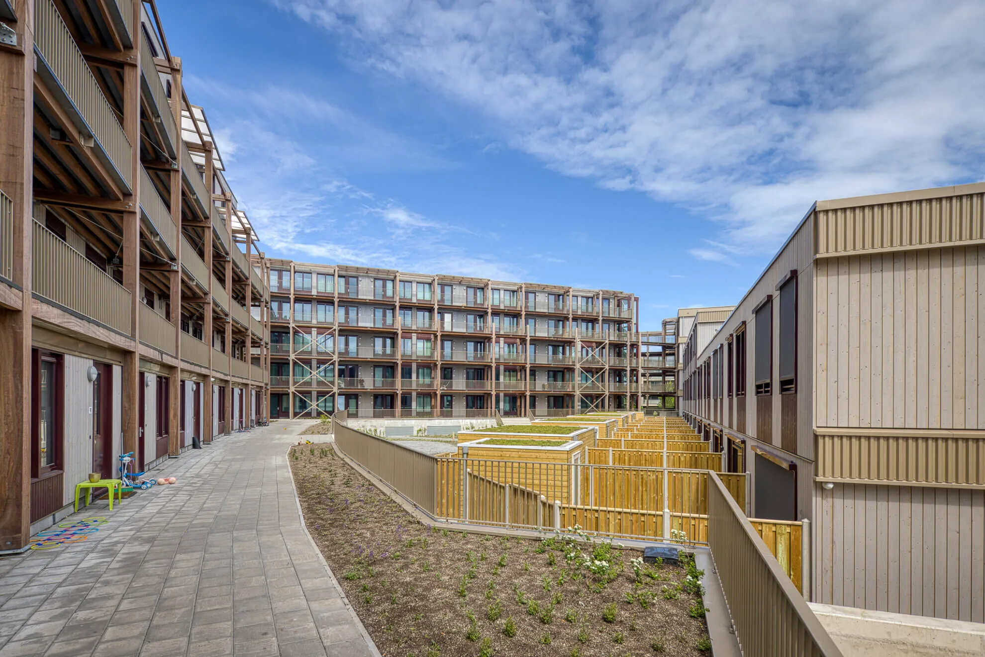 Inner courtyard of deck-access housing, clad in timber